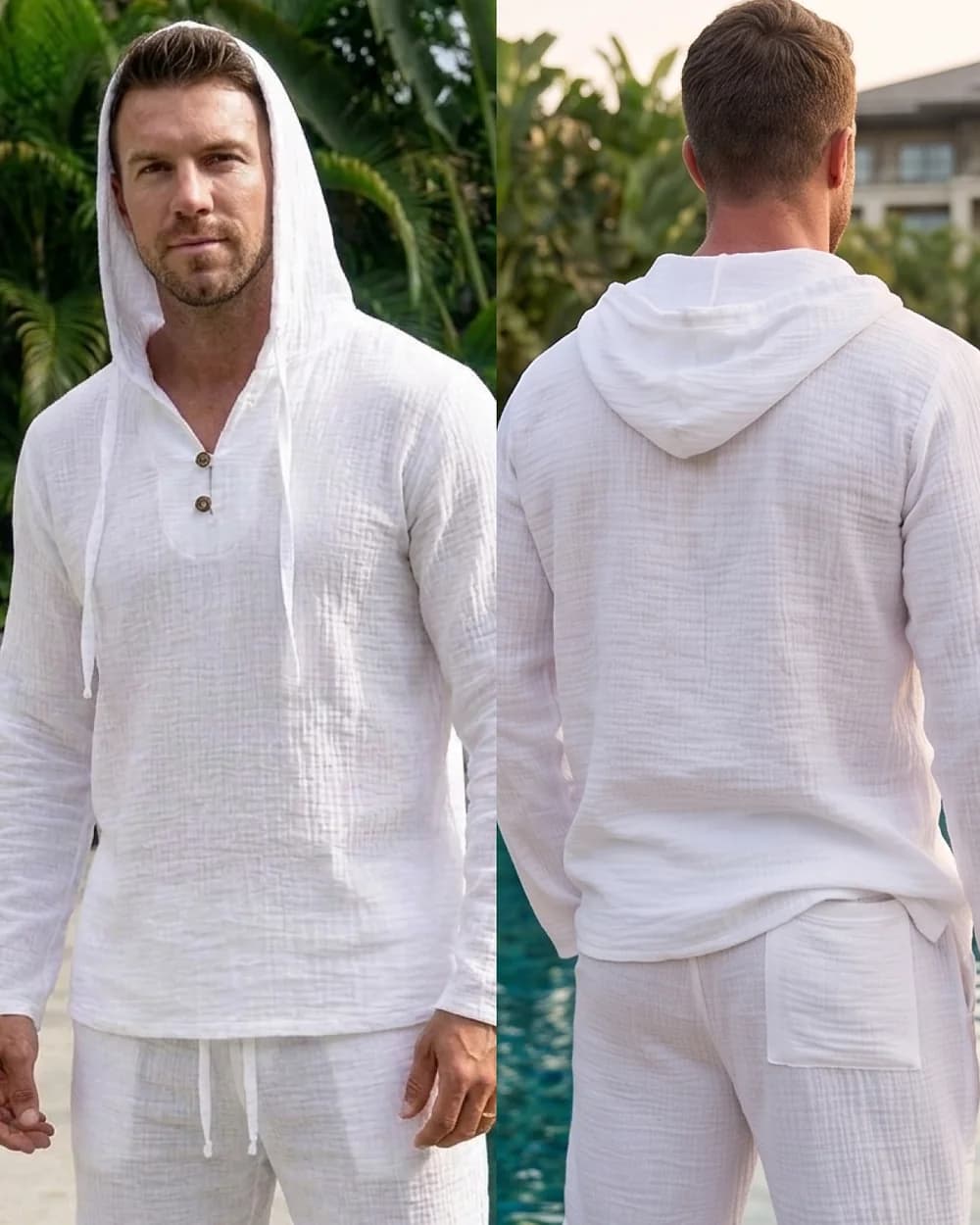 Мужской муслиновый комплект: туника с капюшоном и шорты, цвет Белый, фото 5
